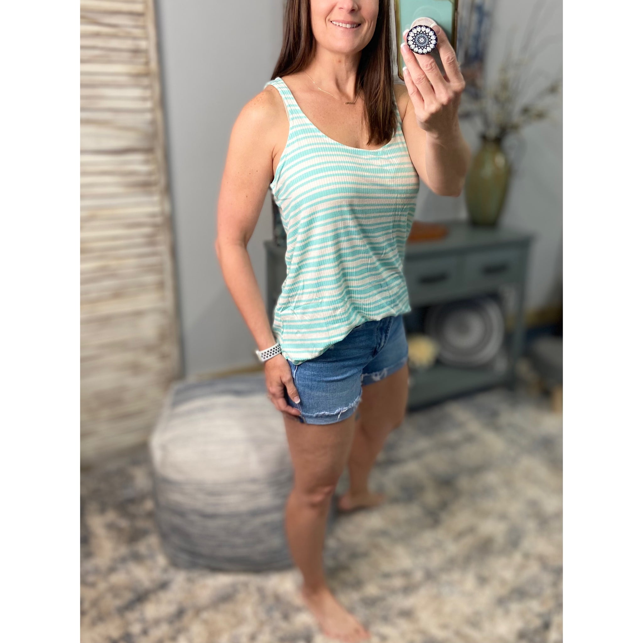"Level Up" Ribbed Striped Scoop Neck Sleeveless Summer Beach Floaty Tank Top Tunic Mint Green