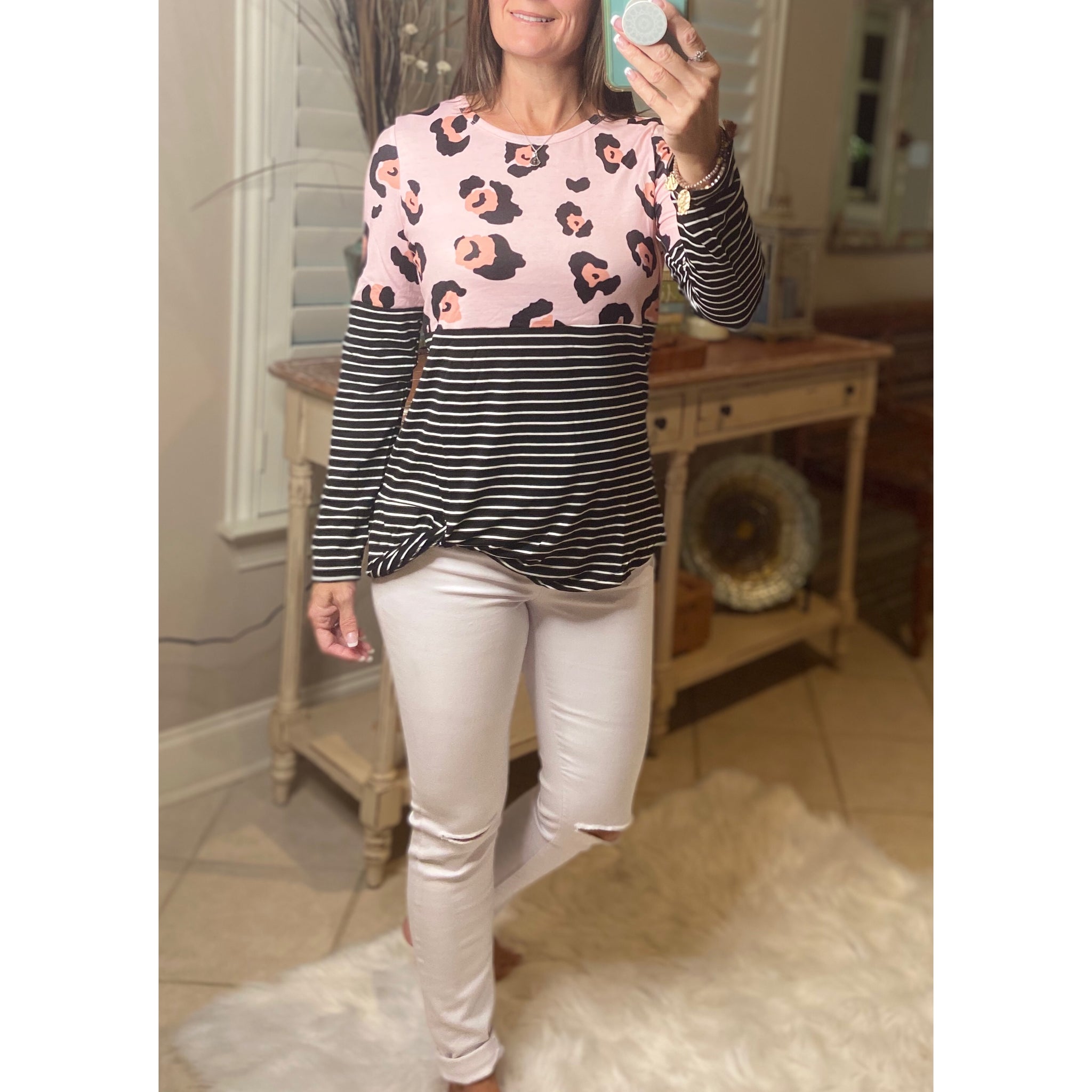 “Make Up Your Mind” Leopard Striped Color Block Contrast Knot Front Long Sleeve Pink