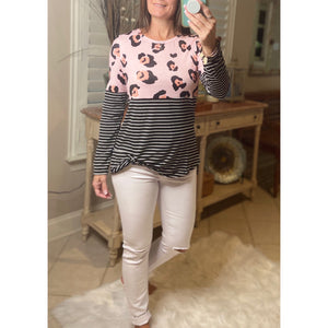 “Make Up Your Mind” Leopard Striped Color Block Contrast Knot Front Long Sleeve Pink