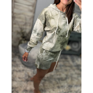 “Be The Light” Tie Dye Lounge Hoodie Drawstring Ribbed Long Sleeve Top & Shorts Set Olive Green