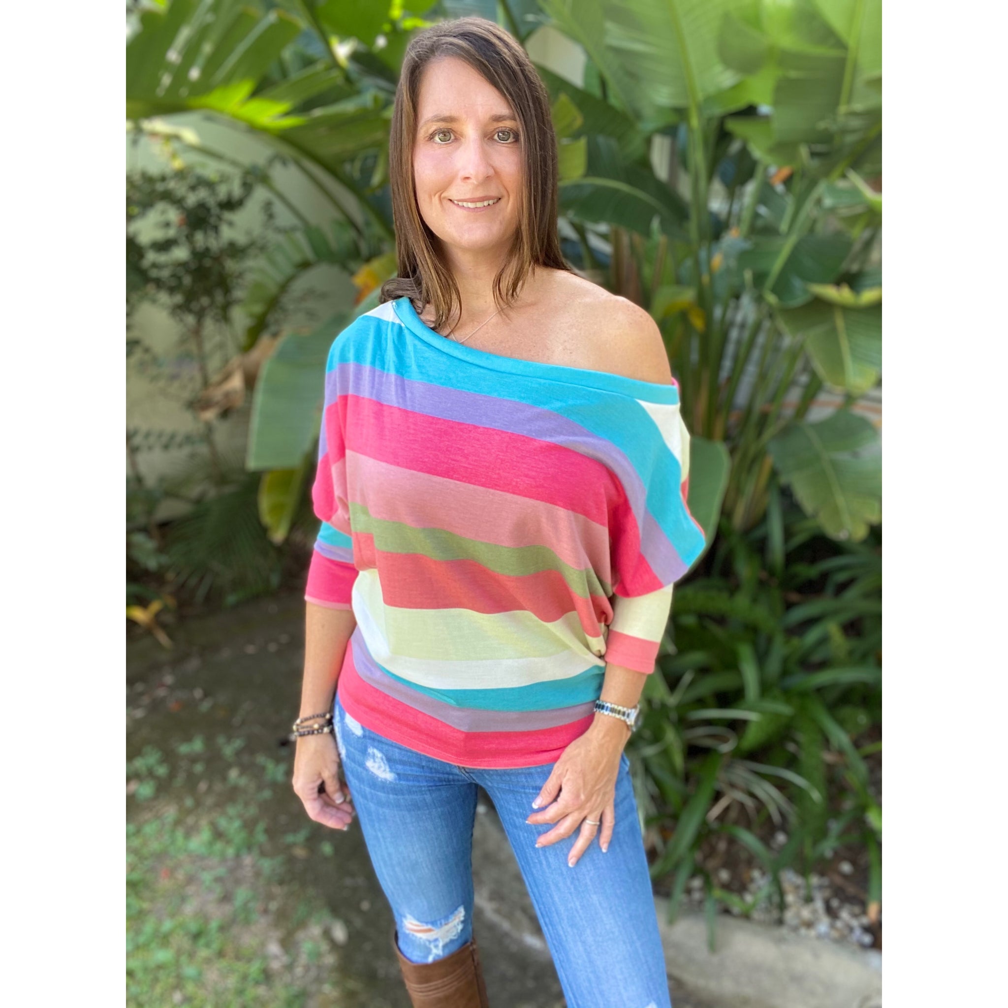 “Just The Way I Like It” Sexy Striped Off Shoulder Open Wide Neck Dolman Long Sleeve Top Pink Multi