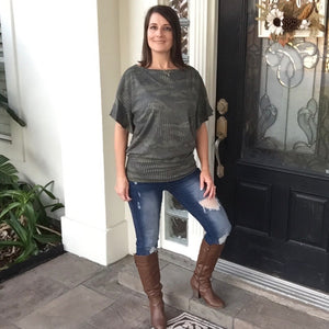 Camouflage Boat Neck Ribbed Short Ruffle Sleeve Top Green S/M/L