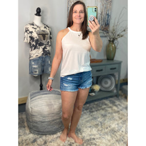 Tri Rocker Racerback Round Neck Floaty Trendy Tank Top Summer White