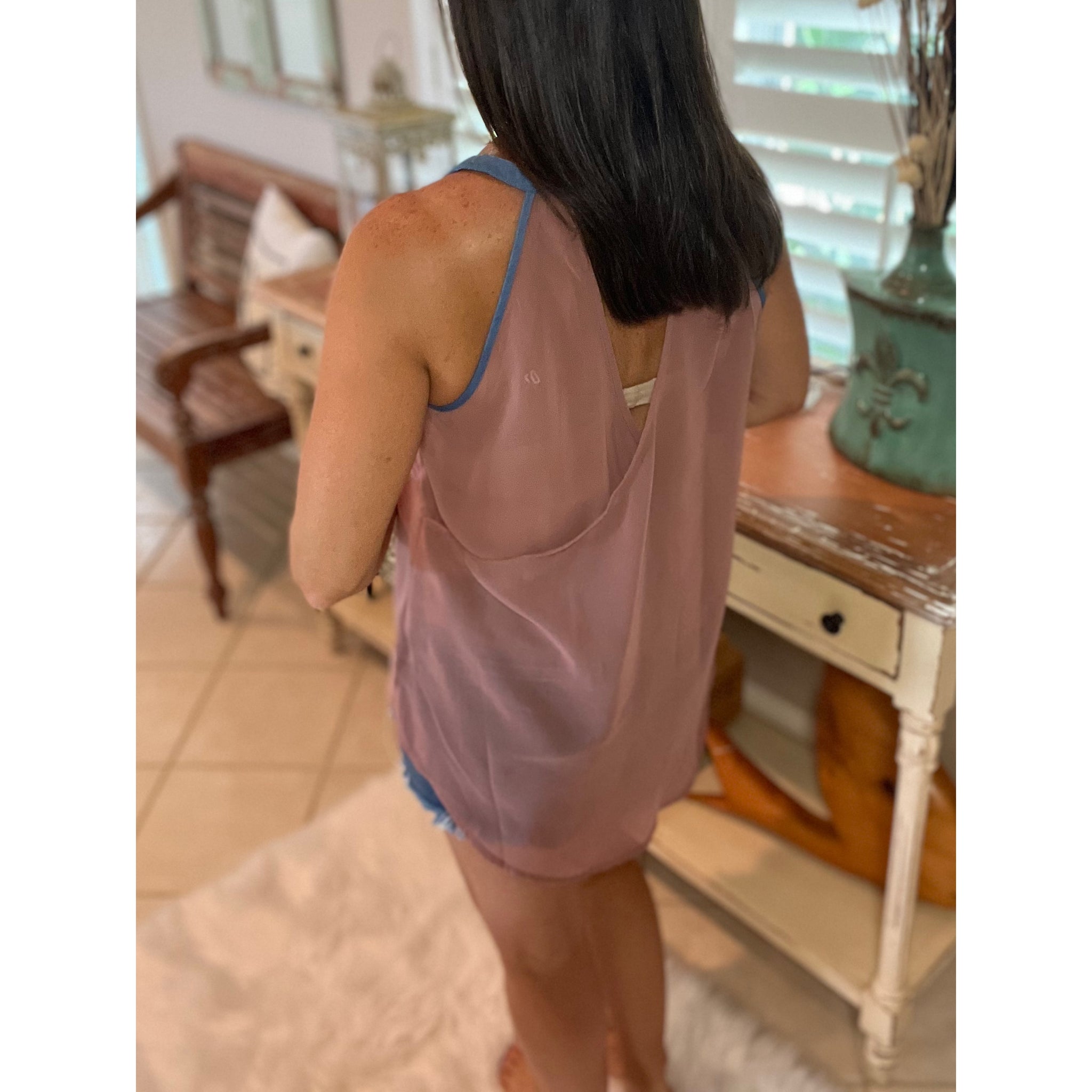 Chiffon Draped Back Pocket V-Neck Trimmed Top Shirt Blouse Mauve S/M/L