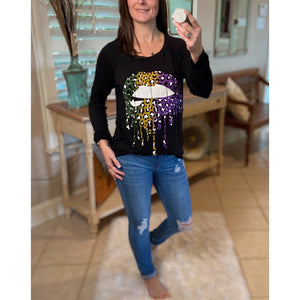 “Throw Me Something Mister” Mardi Gras Lips Wide Neck Off Shoulder Purple Green & Gold