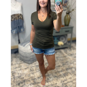 “Basic Babe” Low Cut V-Neck Cleavage Baby Slimming Basic Tee Shirt Top Dk Olive