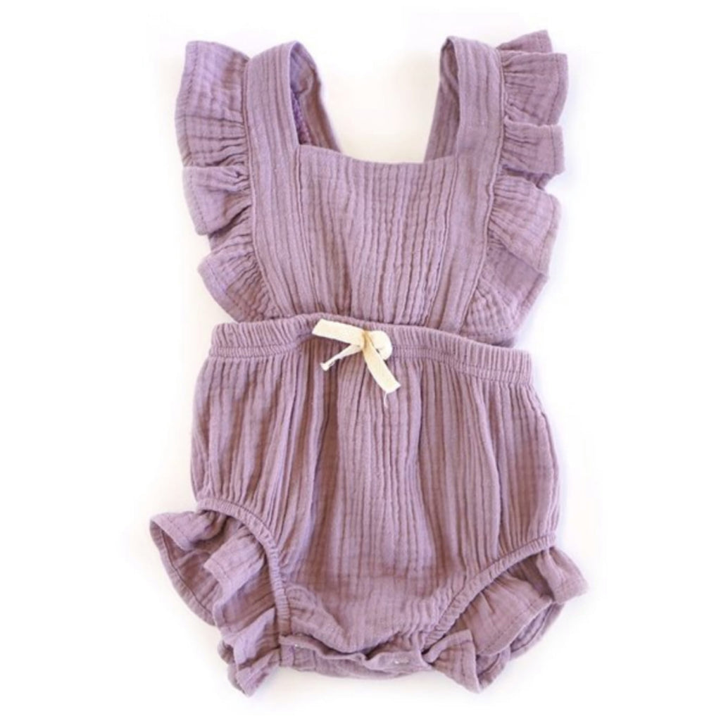 Linen Flutter Sleeve Baby Romper One Piece Tie Back Lilac