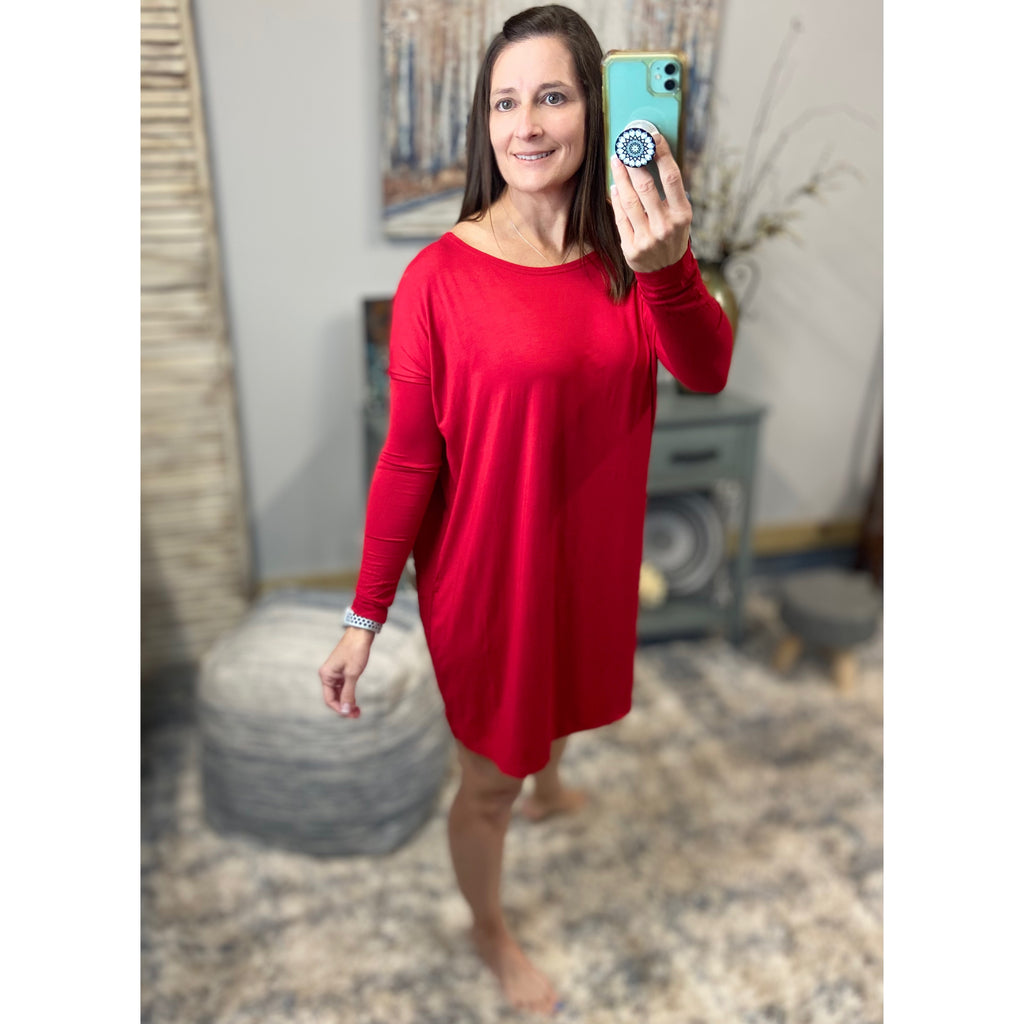 PIKO Dolman Wide Open Boat Neck Dolman Sleeve Tunic Top Dress Red