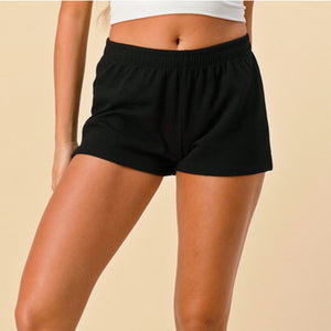 Sporty Shorts Thin Ribbed Mid Rise Pull On Elastic Waist Casual Cotton Black