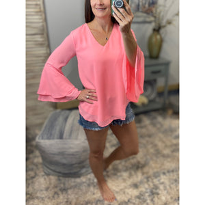 "Full of Surprises” V-Neck Flared Bell Layered Sleeve Dressy Top Neon Pink S/M/L/XL