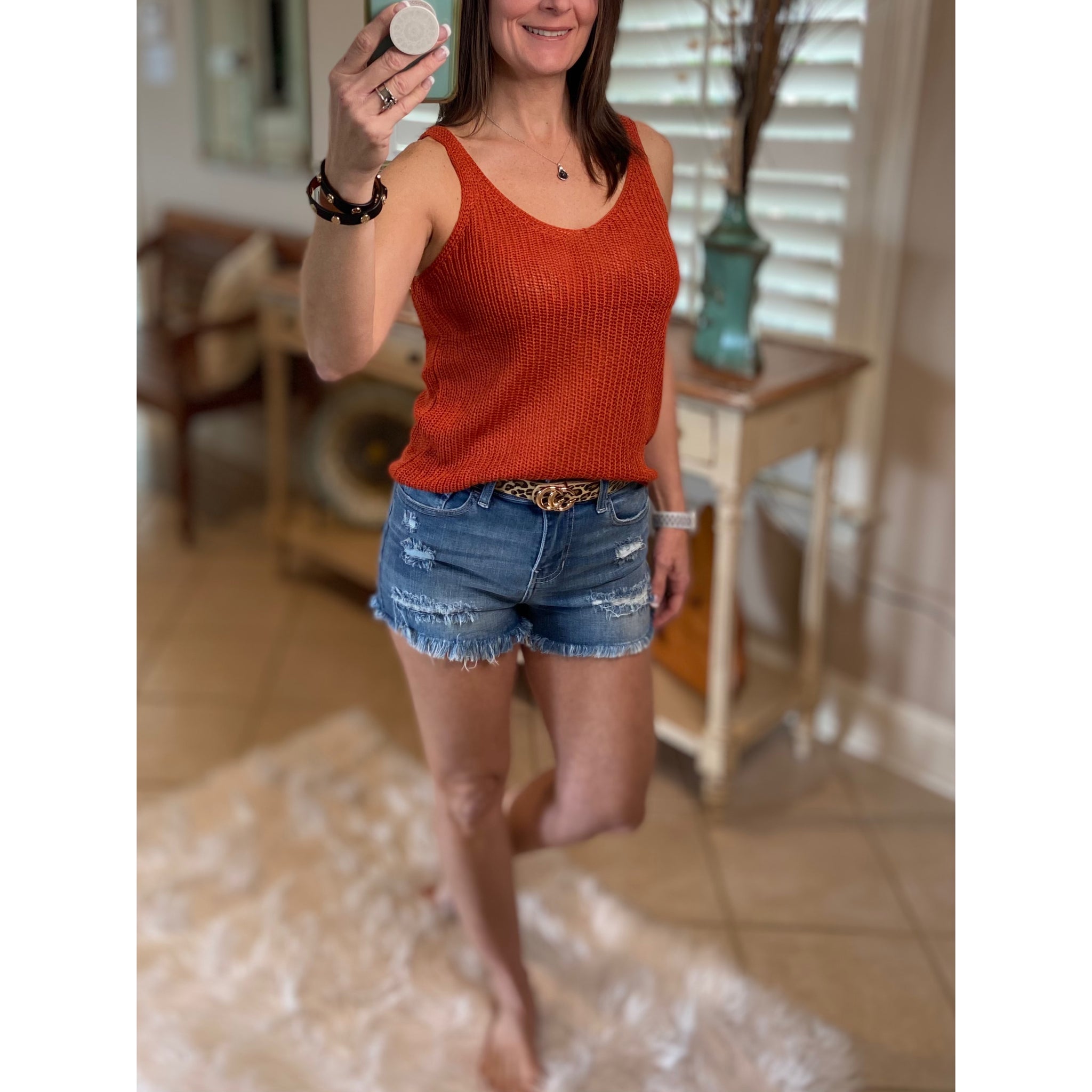 “Spring Fling” Sexy Low Double V Neck Back Sleeveless Dressy Sweater Tank Rust