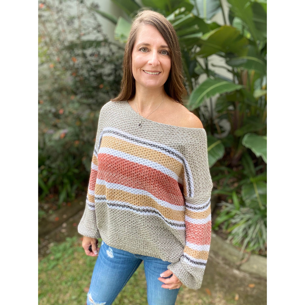 “My Happy Place” Lightweight Ribbed Knit Sweater Striped Off Shoulder Long Sleeve