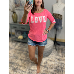 “Love On The Run” LOVE Sporty Football Sporty Floaty Scoop Tee Shirt Neon Pink S/M/L