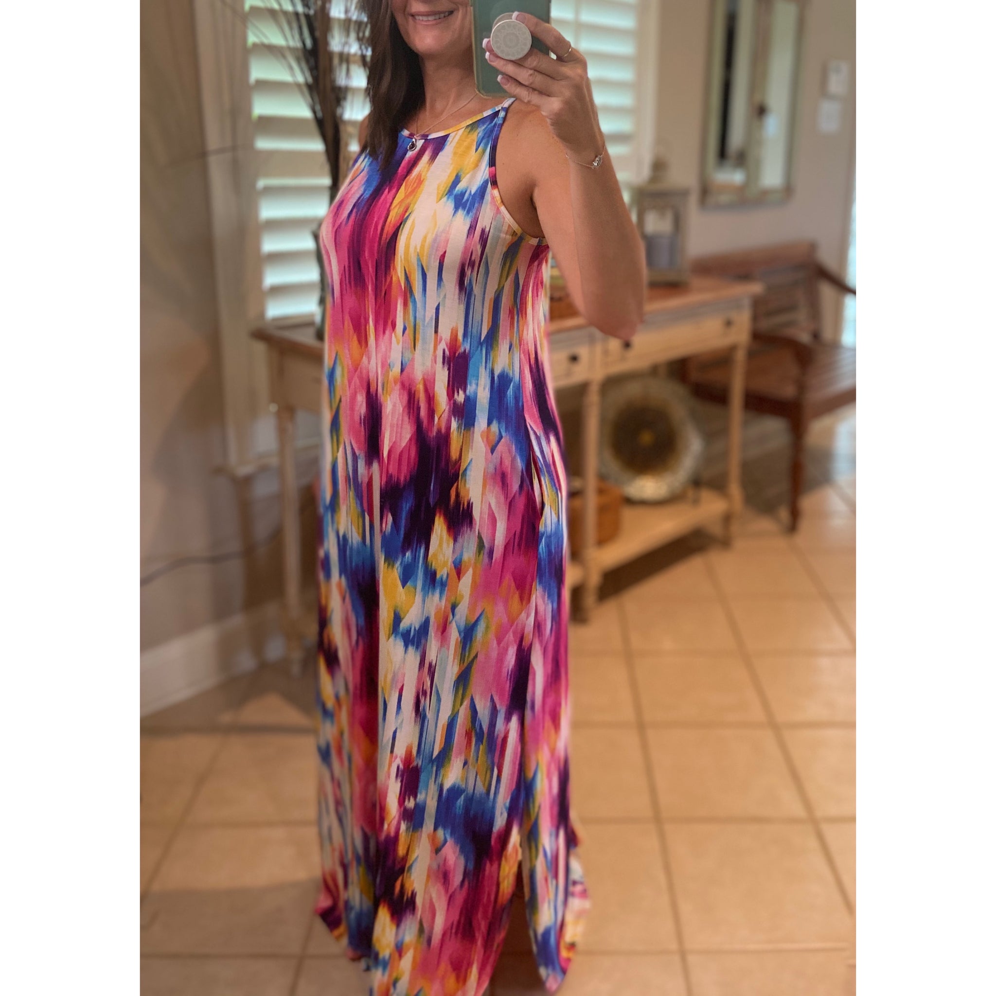 “All the Colors of the Rainbow” Vibrant Tie Dye Scoop Neck Sleeveless Tank Side Pockets Long Maxi Dress Multi