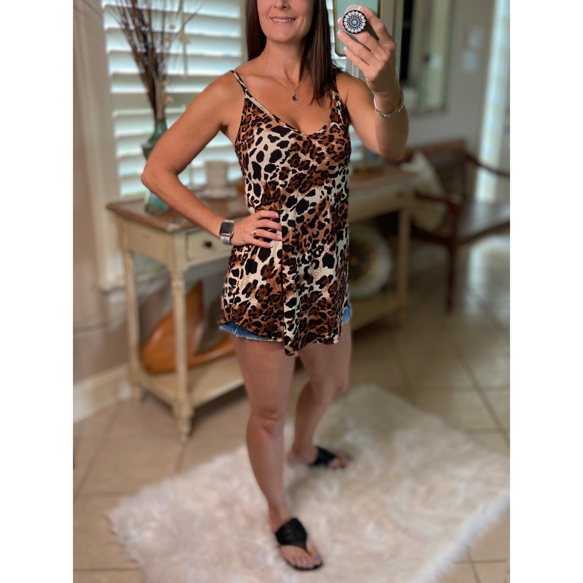 “Heat Wave” Reversible Leopard Low Scoop Or V Neck Spaghetti Strap Tank Top Brown