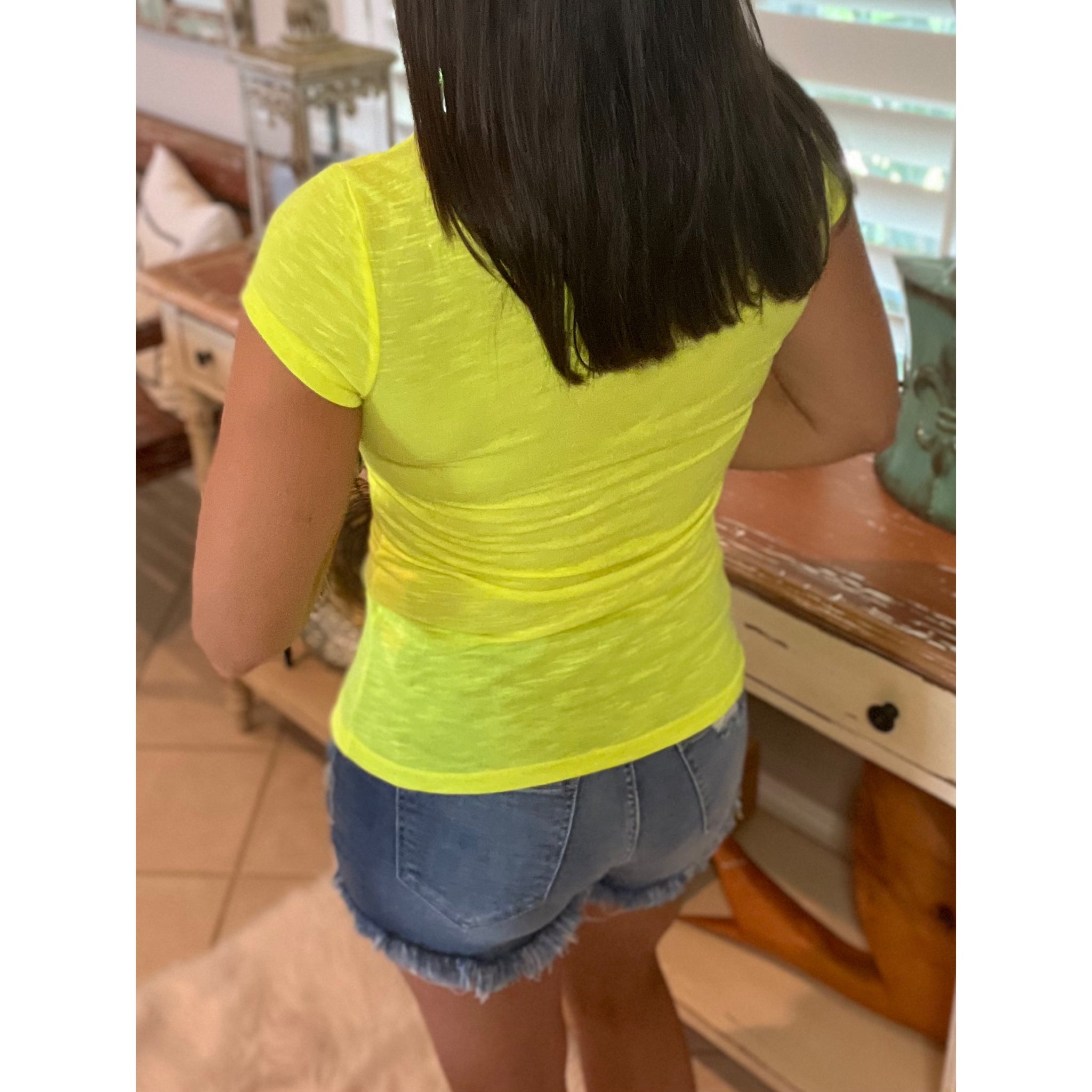 Burnout Low V-Neck Cleavage Baby Slimming Tee Shirt Neon Yellow S/M/L/XL