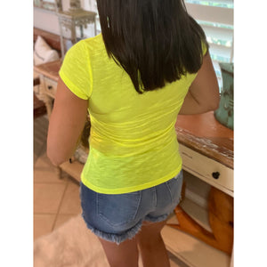 Burnout Low V-Neck Cleavage Baby Slimming Tee Shirt Neon Yellow S/M/L/XL