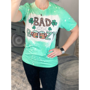 “Bad and Boozy” St. Patrick’s Day Bleached Sublimation Boyfriend Basic Tee Shirt Green S/M/L/XL/2X