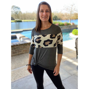 "Forever Yours" Leopard Color Block Contrast Scoop Neck Floaty 3/4 Sleeves Gray