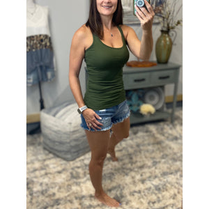 “Can’t Touch This” Ribbed Racerback Low Cut Scoop Boy Beater Cleavage Tank Top Army Green 1X/2X/3X