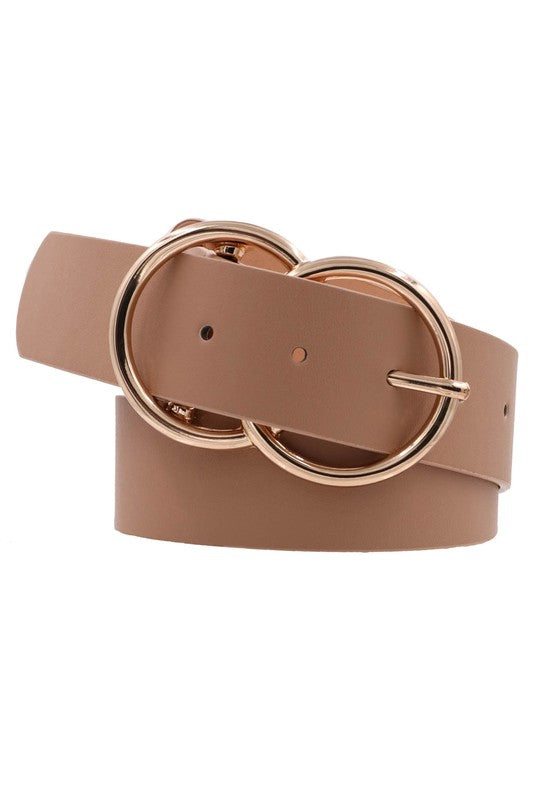 Double Ring Metal Buckle Faux Leather Belt Taupe Gold