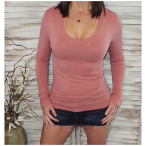 “Easygoing” Slimming V-Neck Low Cut L/S Tissue Basic Baby Shirt Top Dusty Rose S/M/L