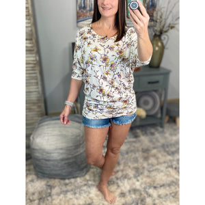 “Everybody Talks” Floral Dolman Tunic 3/4 Sleeve Ruching Detail Top Dress Cream S/M/L/XL