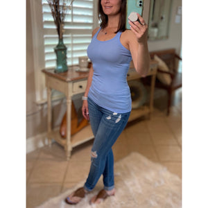 "Can't Touch This" Ribbed Low Scoop Boy Beater Cleavage Fitted Tank Top Spring Blue
