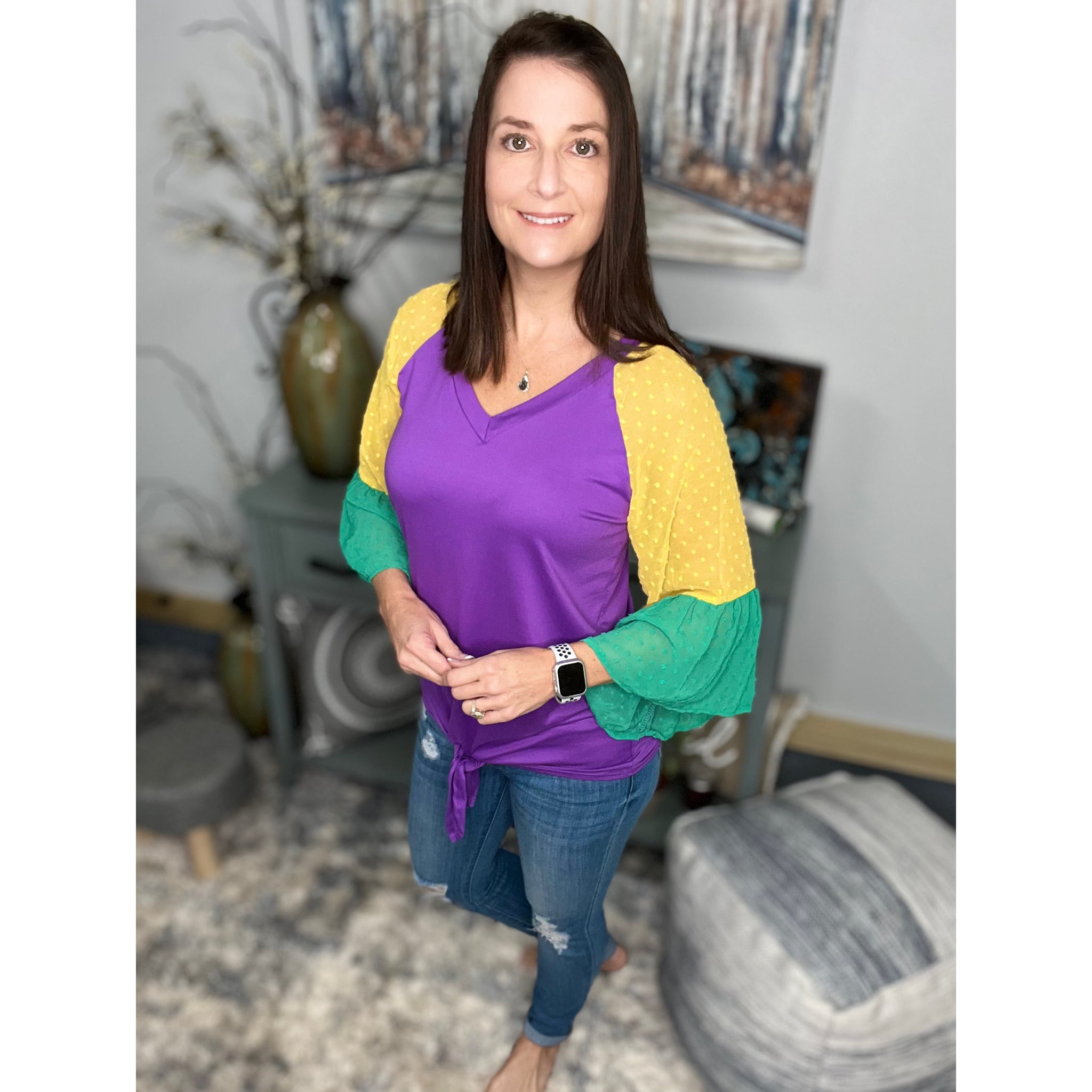 "Beads or Bust" Mardi Gras Color Block Swiss Dot Flutter Bell Sleeves V Neck Tie Bottom Shirt Purple Green & Gold