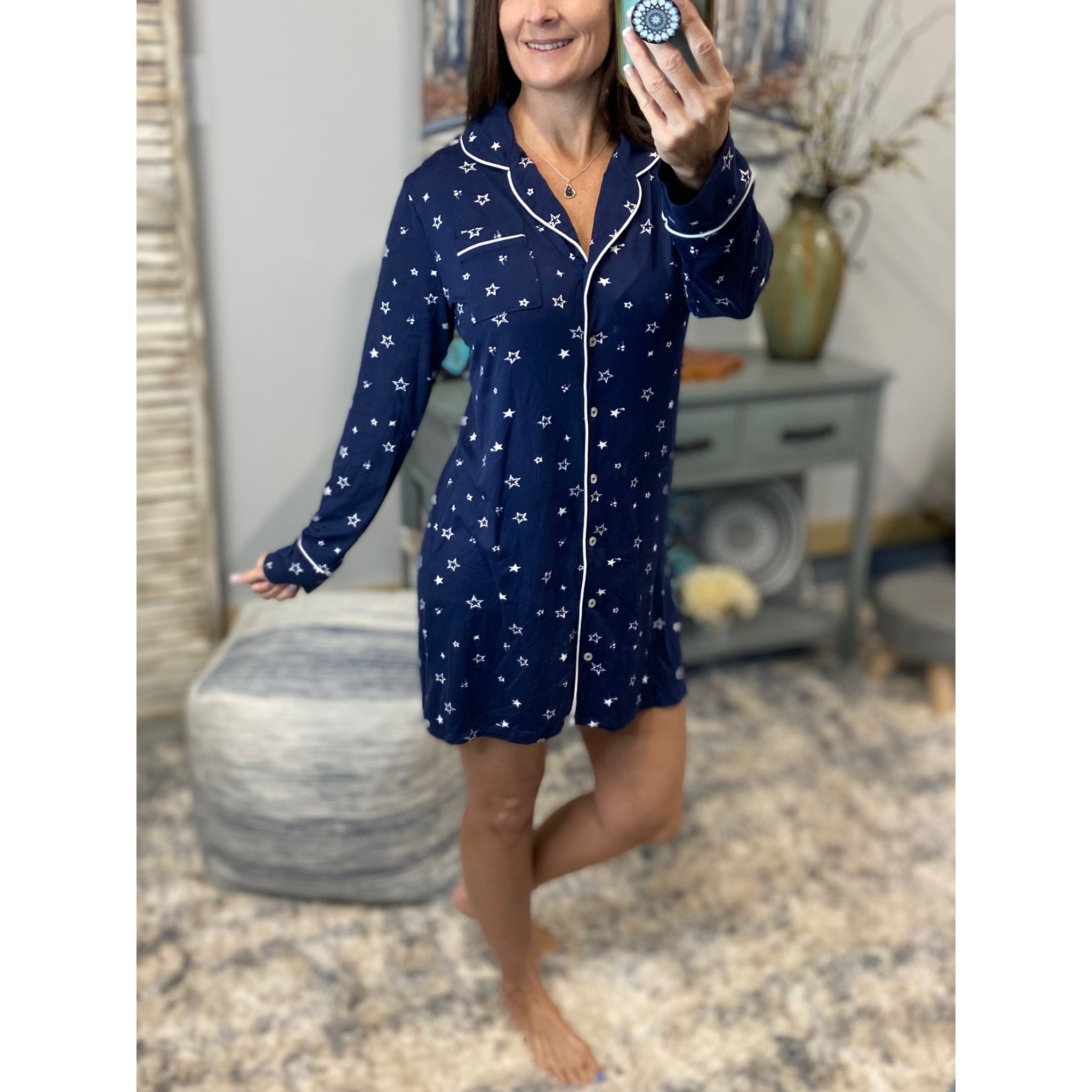 “Pajama Party” Celestial Long Sleeve Contrast Piping Stars PJs Pajama Dress Navy