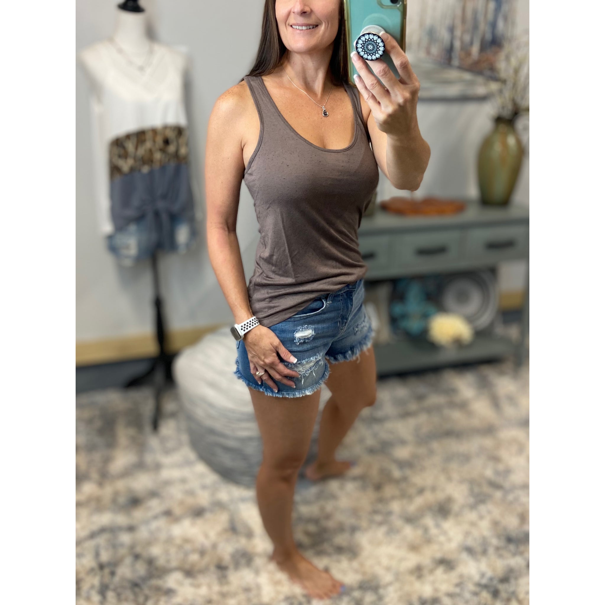 Speckled Low Cut Summer Racerback Ribbed Floaty Tank Top Tunic Cocoa S/M/L