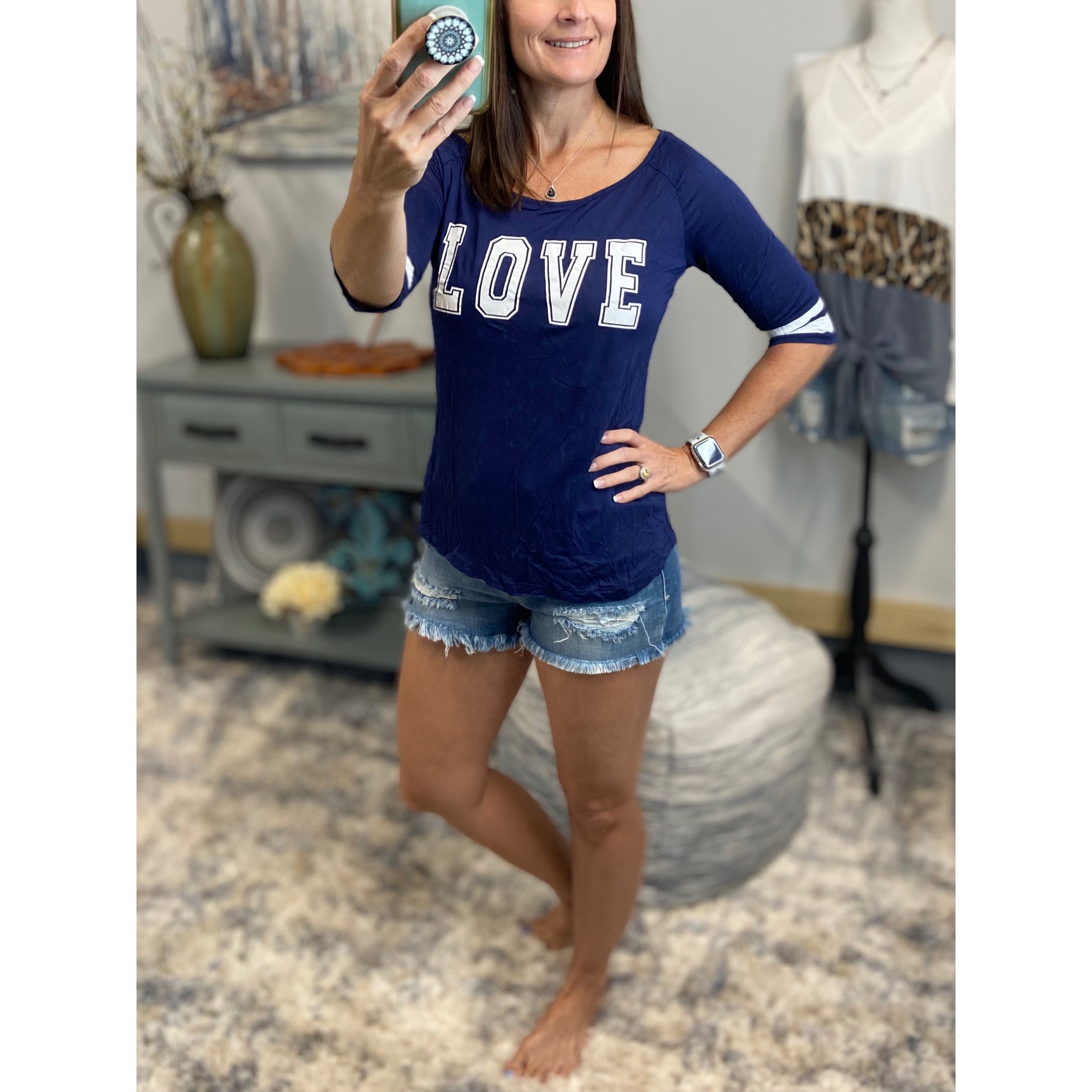 Very Sexy LOVE Sporty Football Sporty Floaty Scoop Tee Shirt Navy Blue S/M/L