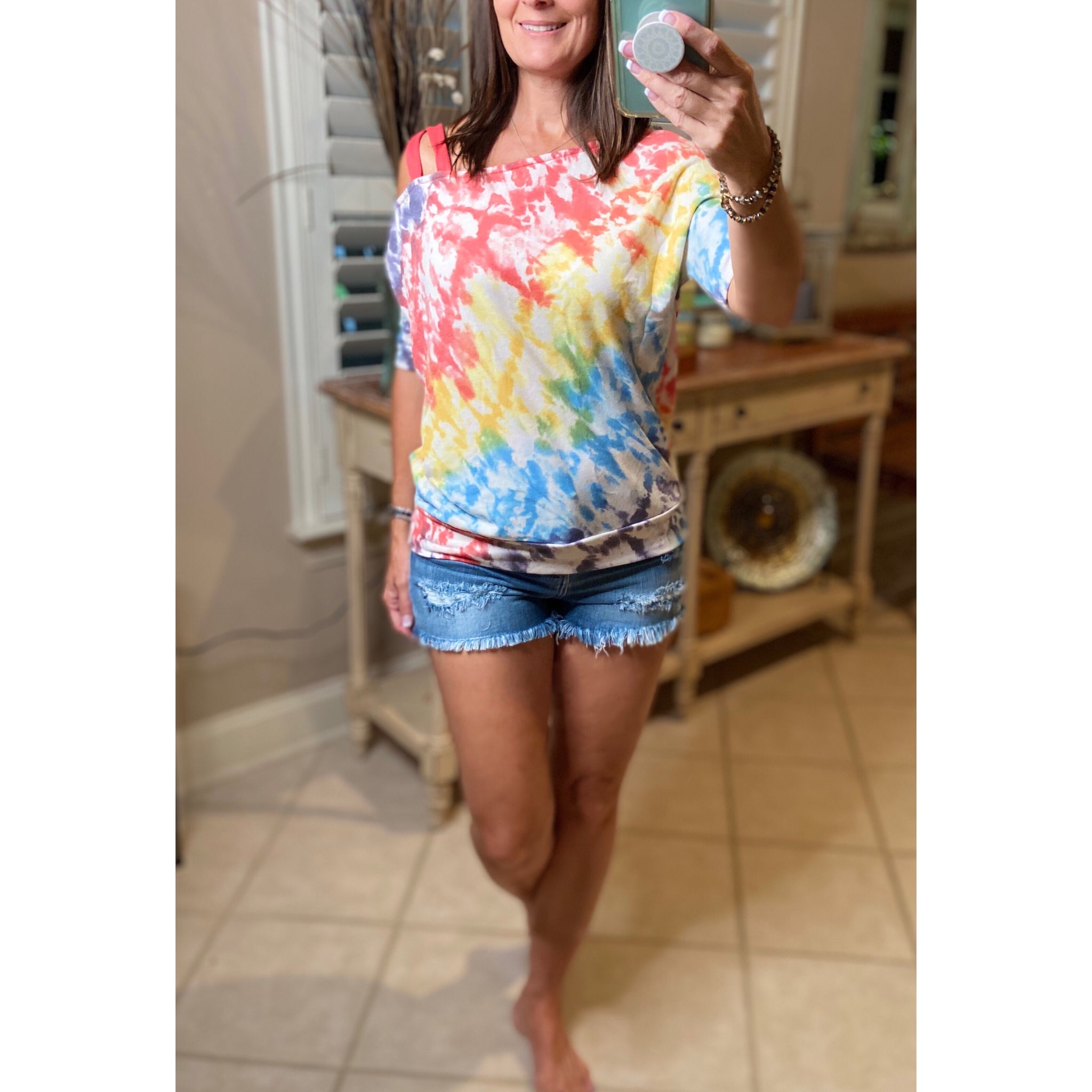 “Double Up” Multi Tie Dye Off Strappy Cold Shoulder Sleeve Banded Top Bright Colors S/M/L/XL