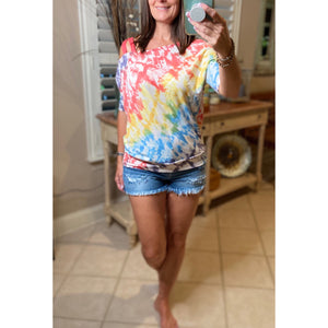 “Double Up” Multi Tie Dye Off Strappy Cold Shoulder Sleeve Banded Top Bright Colors S/M/L/XL