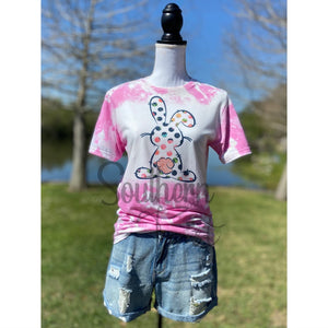“Peter Cottontail” Polka Dot Easter Bleached Sublimation Boyfriend Basic Tee Shirt Pink S/M/L/XL/2X