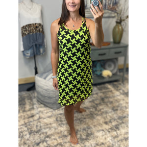 "My Way" Chiffon Double Strap Racerback Sheer Overlay Dress Geometric Green Navy S/M/L