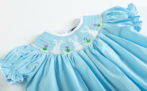 Smocked Easter Bunny Bishop Floral Embroidery Blue Dress