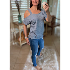 Very Sexy Distressed One Cold Shoulder Cutout Top Blue S/M/L