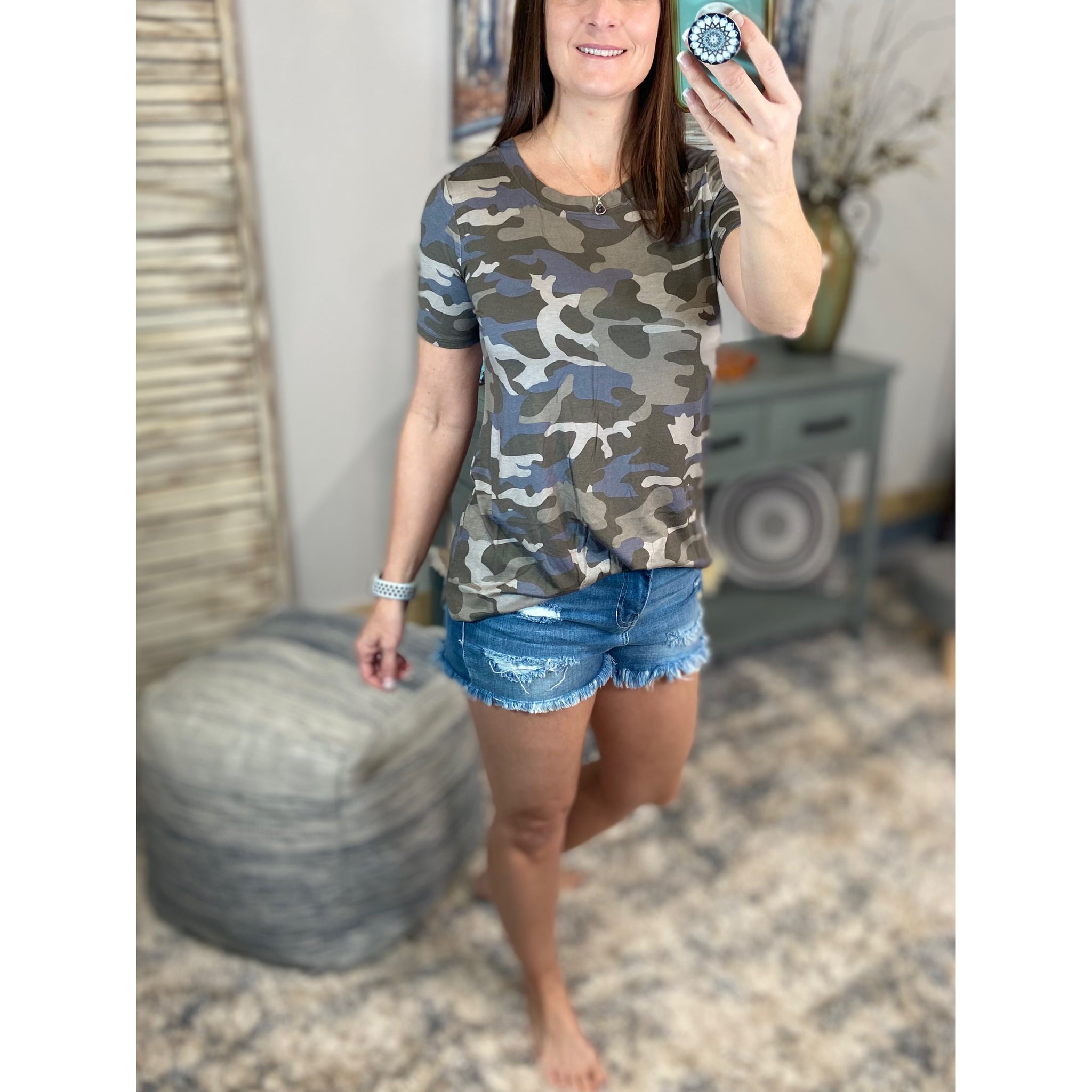 "Summertime Tee" Camouflage Loose Floaty Round Neck Pocket Boyfriend Tee Shirt Army Green S/M/L/XL