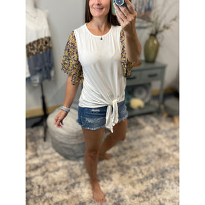 “If I Were A Butterfly” Floral Short Flutter Sleeve Round Neck Self Tie Bottom Top Yellow S/M/L