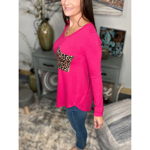 “Blind Faith“ V Neck Soft Jersey Knit Floaty Animal Print Leopard Pocket Long Sleeve Hot Pink