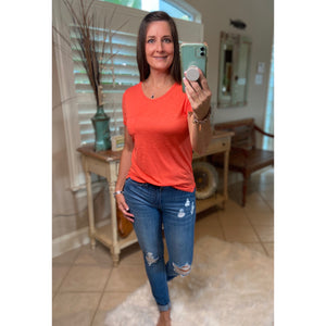 Very Sexy Sheer Burnout Melange Tissue Scoop Neck Top Shirt Tee Orange S/M/L