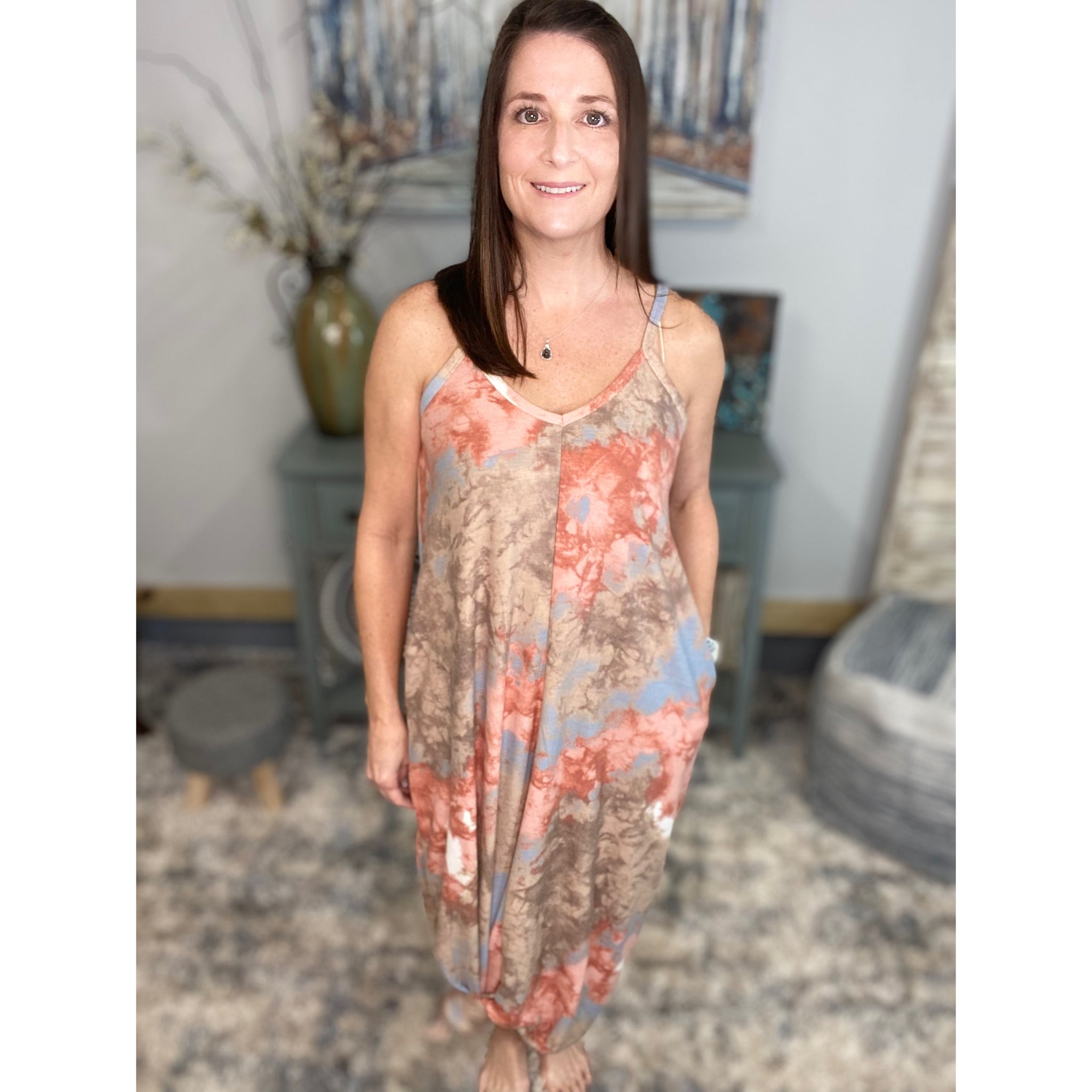“In The Springtime” Maxi Dress Tie Dye French Terry V Neck Cami Tank Long Tube Pocket Summer Peach Blue