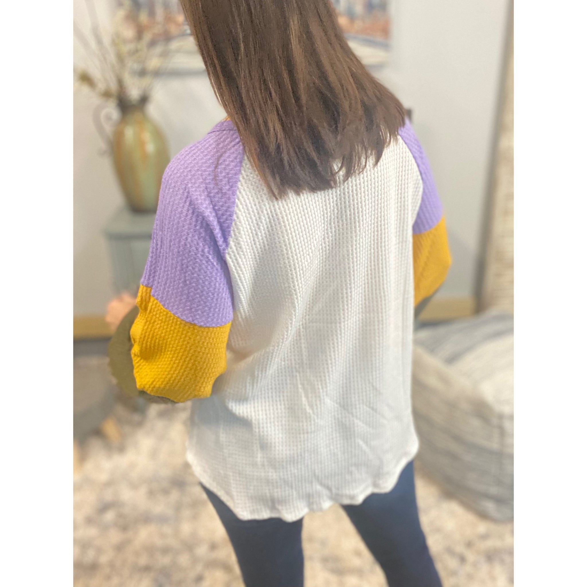 “Mambo Mama” Mardi Gras Waffle Color Block Balloon Sleeve Shirt Purple Green & Gold Ivory