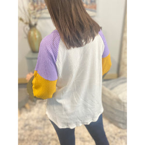 “Mambo Mama” Mardi Gras Waffle Color Block Balloon Sleeve Shirt Purple Green & Gold Ivory