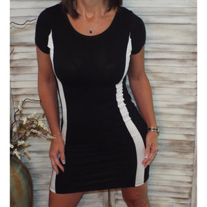 Sporty Bodycon Scoop Neck Short Sleeve Contrast Stripe Stretch Dress Black