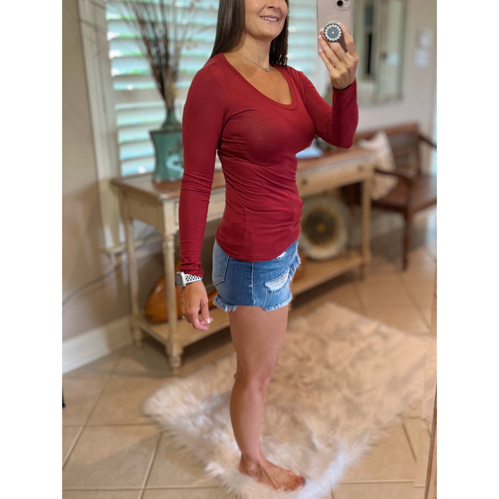“Easygoing” Slimming Scoop Neck Low Cut L/S Tissue Basic Baby Shirt Top Deep Rust S/M/L