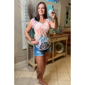 “Take Me Back” Tie Dye Short Flutter Sleeve Round Neck Bottom Top Coral Multi S/M/L/XL