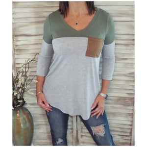 Suede Pocket Elbow Detail V Neck Floaty Color Block Tunic 3/4 Sleeve Olive Gray