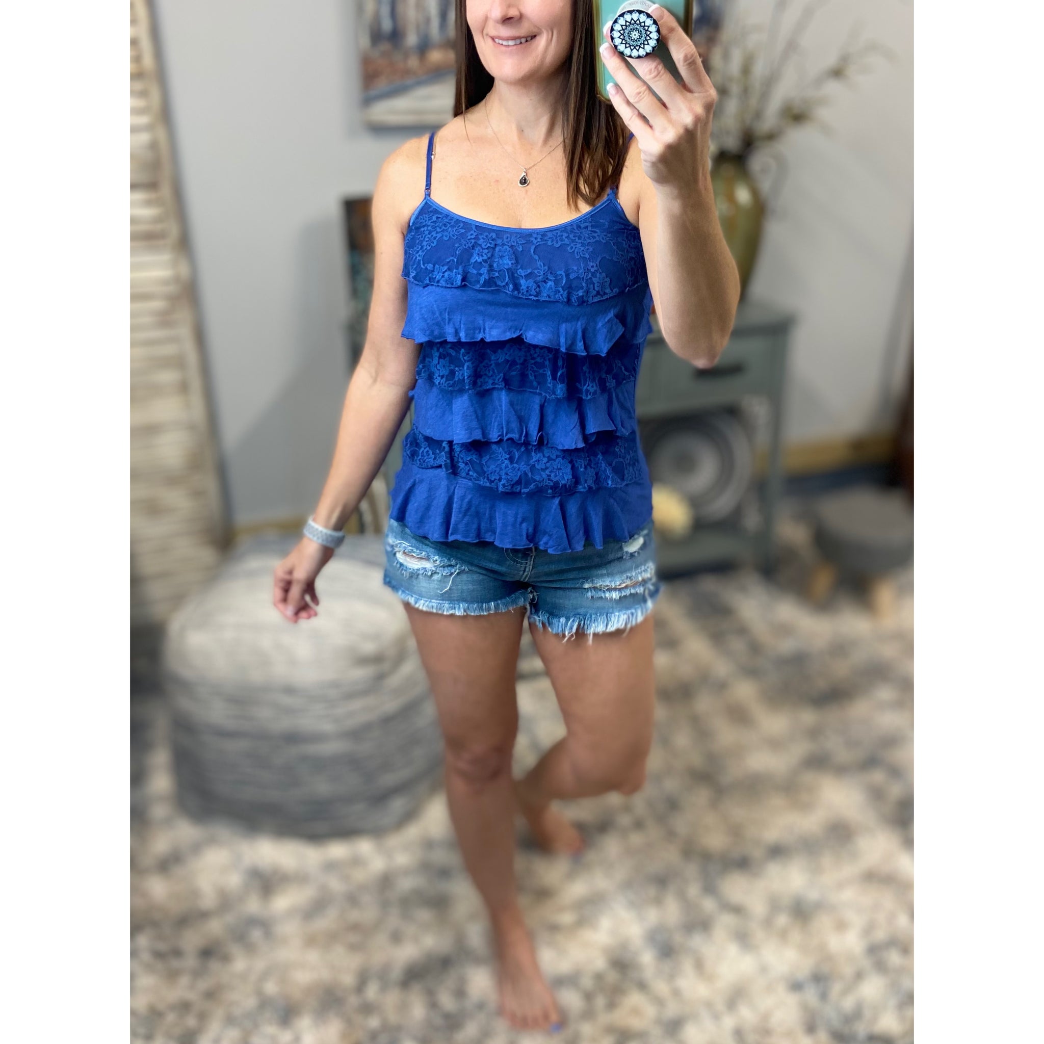 Tiered Ruffle Lace Scoop Neck Low Cut Cleavage Tank Cami Top Blue S/M/L